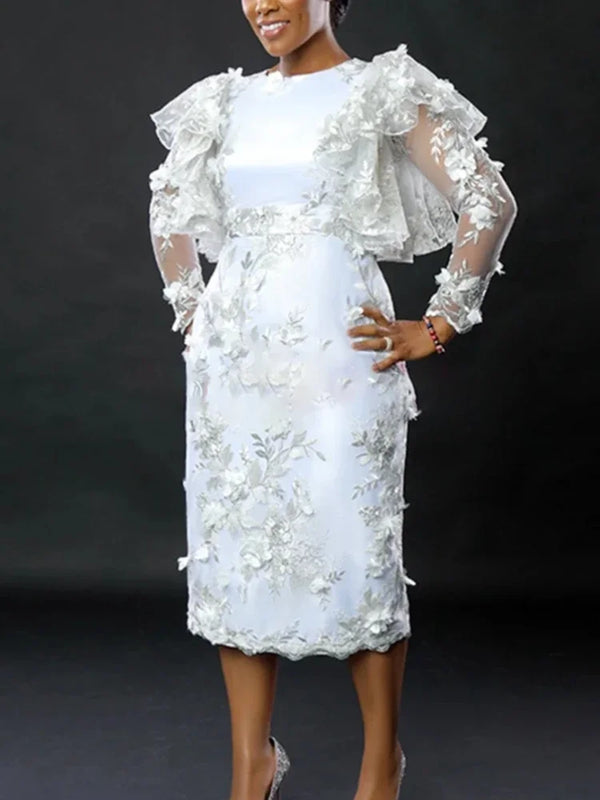 Elegant Embroidered Midi Dress for Women with Ruffles and Long Sleeves - Perfect for Birthdays and Weddings